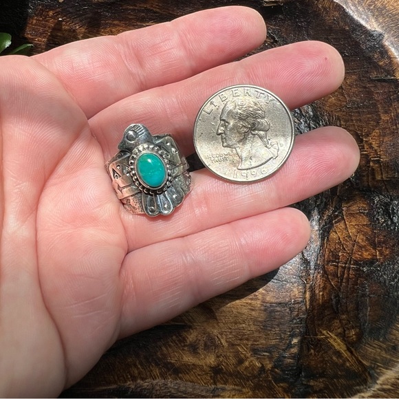 925 Sterling Silver & Kingman Turquoise Thunderbird Ring Sz 6 Southwest Boho